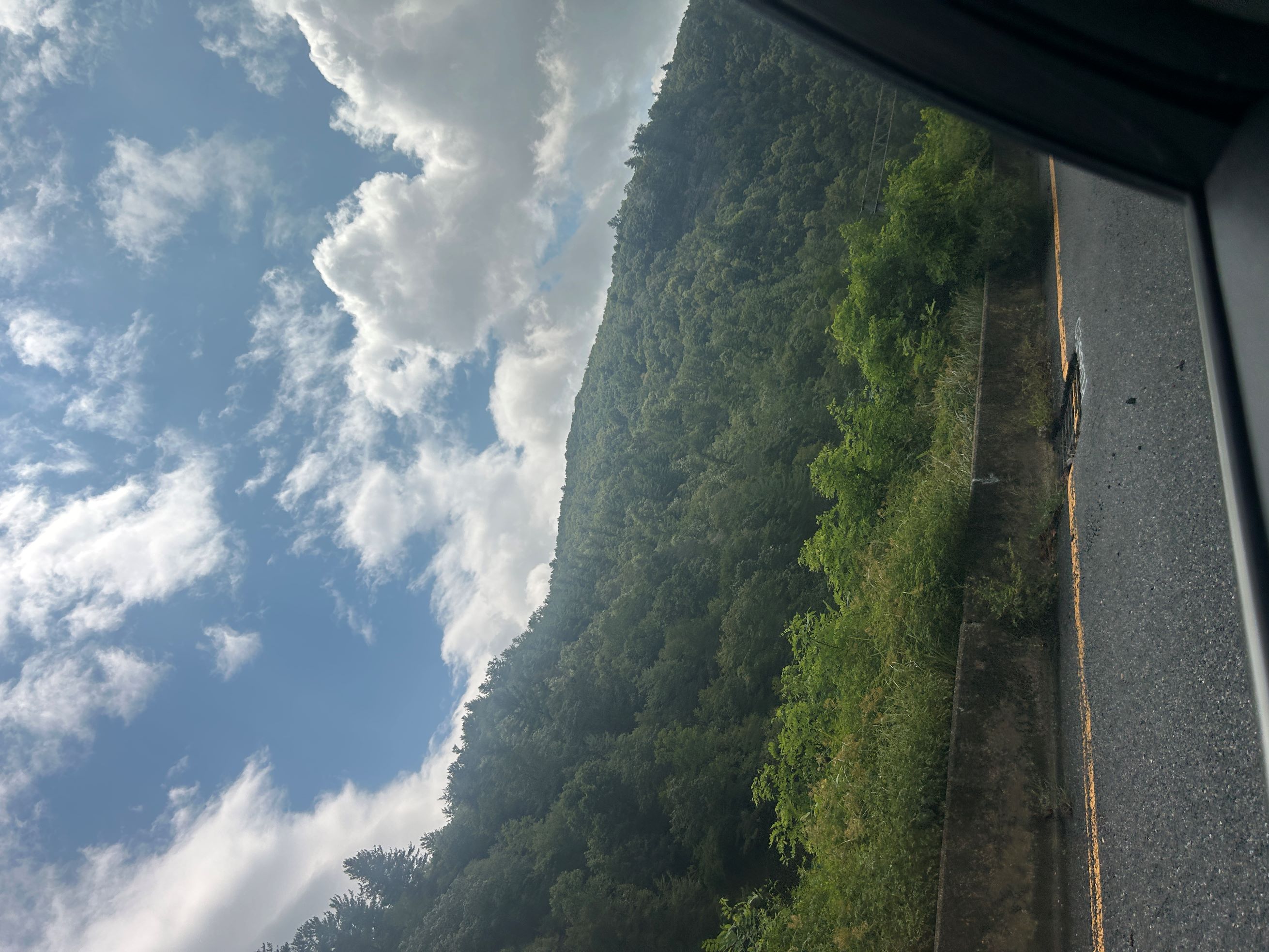 Image of passing forest and mountains through a car window.